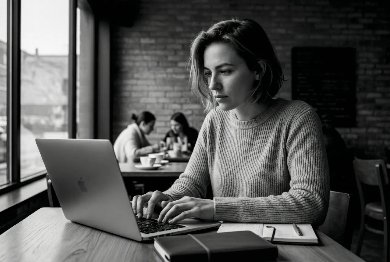 Editor working on a newsletter at a café