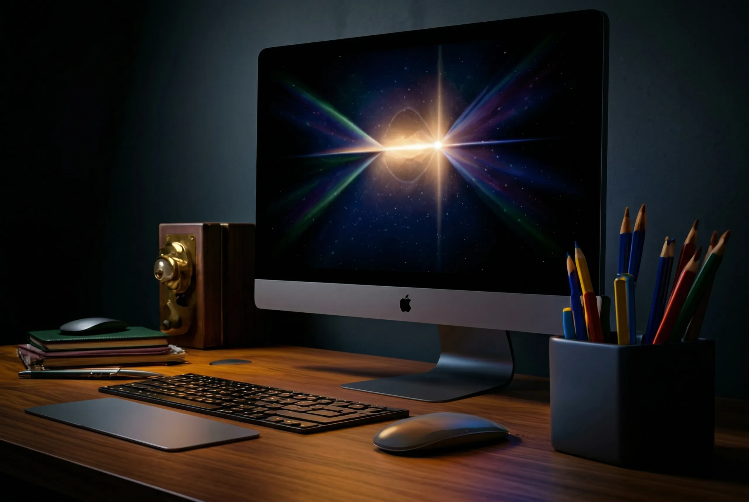 Moody editorial workspace with monitor glow